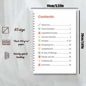 Carnet de recettes spiralé A5 avec papier épais 100g, 28 pages, journal quotidien.