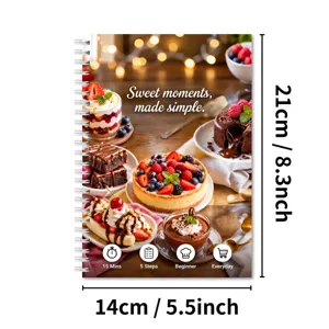 Carnet de recettes de desserts relié en spirale de 28 pages avec tutoriels et photos.