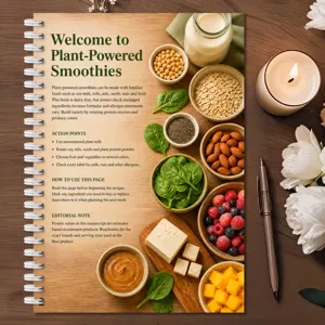 Vue détaillée du carnet de recettes de smoothies végétaux avec de superbes photos et conseils.