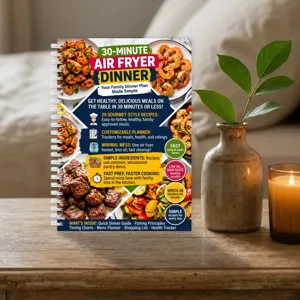 Air fryer cookbook and meal planner detail view, spiral bound recipe guide with healthy meal plans.