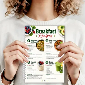 Vue détaillée du carnet de recettes de 28 pages montrant des repas de petit-déjeuner.
