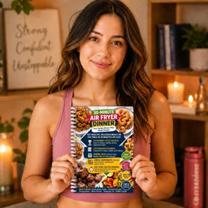 Air fryer recipe book detail showing healthy family dinner meal plans and quick cooking guides.