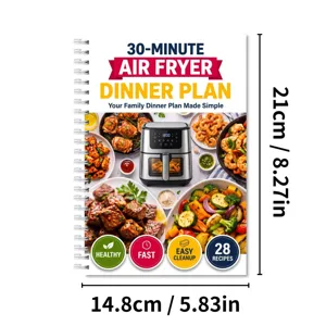 30-minute air fryer dinner plan recipe notebook with healthy meal ideas and spiral binding.