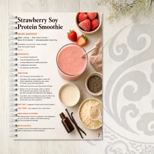 Page de détail de carnet de recettes de smoothie protéiné végétal avec liste d'ingrédients.