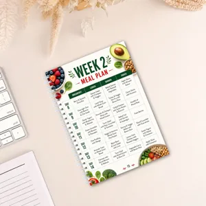 Carnet de plan de repas hebdomadaire avec recettes saines et guide nutritionnel pratique.