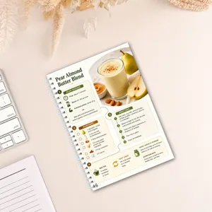Détail de carnet spirale de recettes de smoothie protéiné, carnet de 28 pages avec conseils.