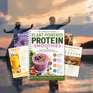 Détails du carnet de manuel de recettes de smoothies protéinés végétaux et pages intérieures.