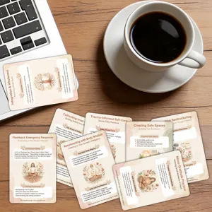 Detail shot of healing PTSD emotional affirmation cards on wooden desk setup with coffee cup.