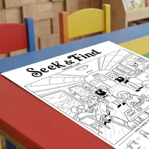 Vue détaillée de l'affiche de coloriage de scène amusante avec illustration de voiture-restaurant.