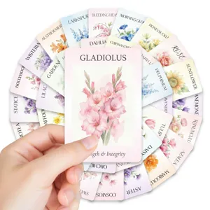 Close-up view of vintage watercolor floral flashcards showcasing detailed botanical art and text.