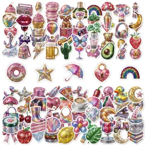 100 Pcs Laser Glossy Retro Object Stickers Disco Style Waterproof DIY Decor Decals