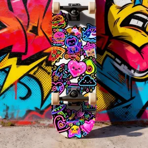 Gros plan du skateboard décoré d'autocollants cartoon néon vibrants, fond mur de graffiti.