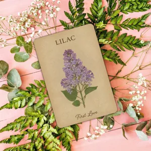 Vintage botanical card with lilac illustration and flower quote for home decor and greeting.