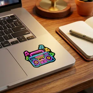 Autocollant de musique boombox néon coloré pour décoration d'ordinateur portable et coque.