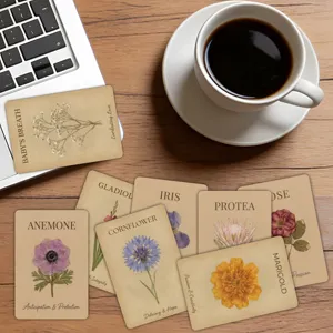 Vintage botanical specimen cards with dried flower designs and English quotes for decor.