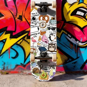 Skateboard cool décoré avec des autocollants de dessin animé drôles et étanches.