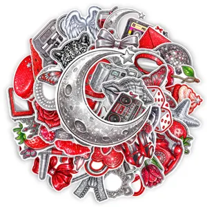 Set di adesivi glitterati rossi e argentati pacchetto di sticker estetici carini.