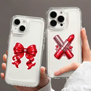 Cover per telefono trasparenti con fiocchi rossi glitterati e adesivi di rossetto chic.