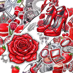 Dettagli adesivi moda glitterati rossi con trucco e tacchi alti per decorare valigie.