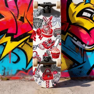 Primo piano dettagliato di adesivi di moda e bellezza su skateboard con sfondo di graffiti.