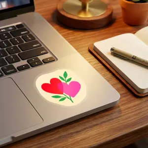 Primer plano de una pegatina de corazones románticos colocada en un ordenador portátil.