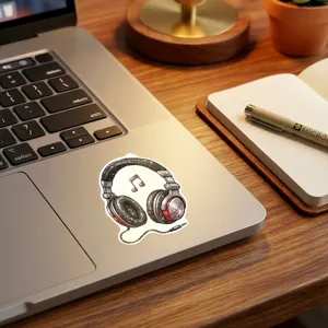 Primo piano dettagliato di adesivo per cuffie decorativo applicato su un computer portatile.