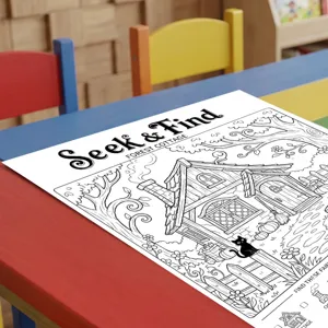 Poster para colorear infantil cabaña en el bosque busca y encuentra educativo y creativo hoja