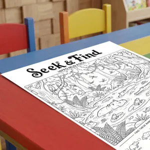 Close up detail of rainforest theme coloring poster with animal illustrations for kids puzzle.