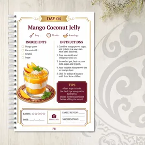 Gedetailleerd overzicht van het 7-daagse dessertreceptennotitieboek met mangokokosgelei pagina.