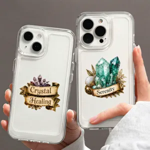 Clear phone case featuring vintage crystal cluster illustration and inspiring quotes detail.