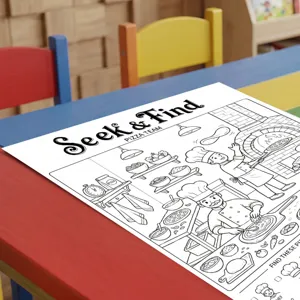 Affiche de coloriage pour enfants pizza amusante cherche et trouve feuille d'activite