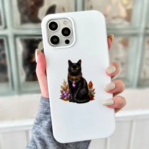 Close-up detail view of the white phone case featuring a mystical black cat crystal graphic.