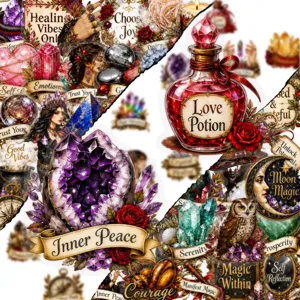 Vintage crystal magical sticker pack, waterproof PET material, perfect for DIY journaling crafts.