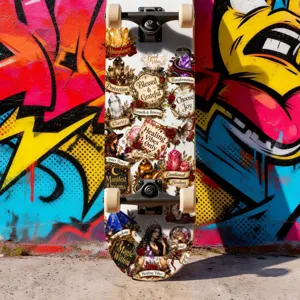 Vintage crystal aesthetic skateboard deck detail, retro mystical art design for street skating.
