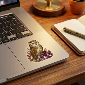 Waterproof PET decorative sticker featuring retro owl and crystal cluster illustration design.