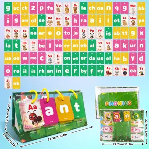 Vista dettagliata del set di carte fonetiche con lettere colorate e supporto da tavolo per bambini.