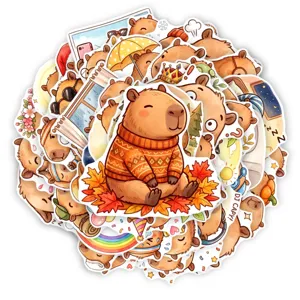 Cute capybara stickers set, 50pcs waterproof cartoon decals for journaling and phone cases.