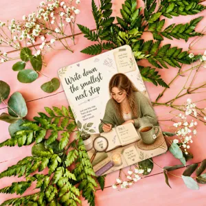 Mindfulness inspiration card detail showing positive daily quote and cozy floral flatlay background.