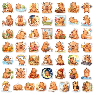 Details of 50 cute cartoon capybara stickers, waterproof vinyl decal for journal decor.