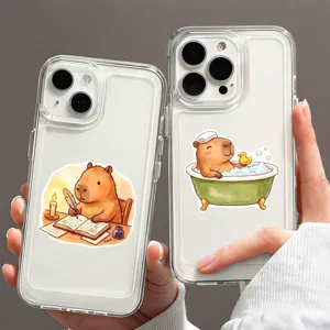 Clear transparent phone case with cute capybara cartoon stickers, ideal for daily decoration.