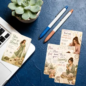 Mindfulness guidance cards detail view, anxiety relief prompt cards set, relaxing decor.