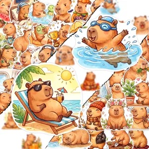 Cute cartoon capybara sticker details showing various fun poses and waterproof craft designs.