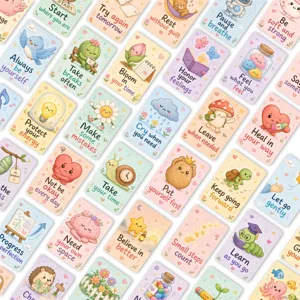 Dettaglio delle carte emotive con simpatiche illustrazioni e frasi di motivazione e supporto.