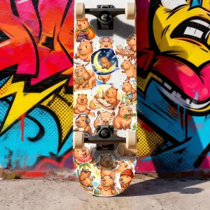 Cute cartoon capybara skateboard stickers set with vibrant graffiti background decoration.