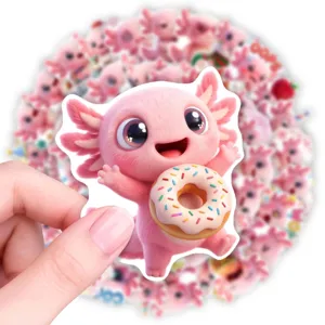 Cute pink axolotl sticker detail view, waterproof cartoon vinyl decal for decoration.
