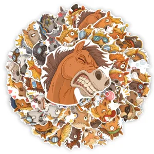 Detailed view of funny cartoon horse stickers, waterproof vinyl decals for creative decoration.