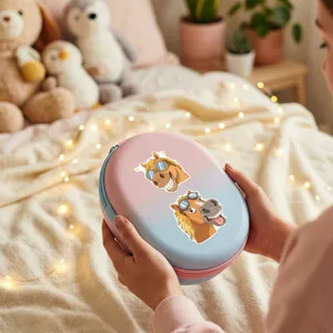 Detailed view of oval hard shell storage case with funny horse cartoon stickers in bedroom.
