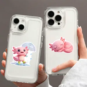 Clear phone case close-up featuring cute pink axolotl cartoon prints, stylish and protective.