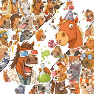 Funny cartoon horse stickers detail view, waterproof vinyl decal pack for laptop and decor.