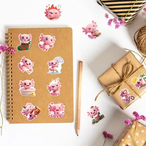 Cute pink axolotl stickers set, waterproof cartoon decals for journal decoration.